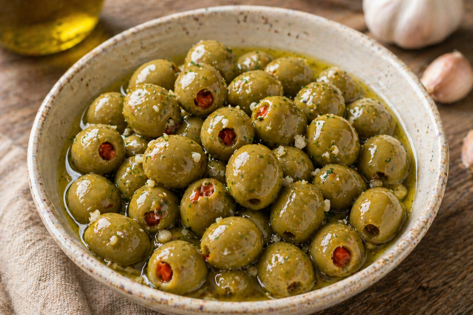 Aceitunas marinadas con limón y ajo